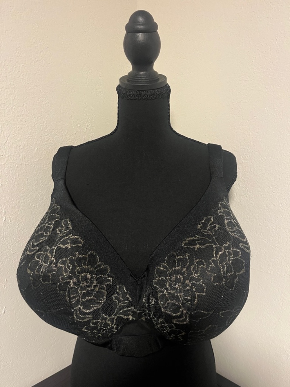 Cacique Lightly Lined Balconette Black Bra with Metallic Floral Lace-50G